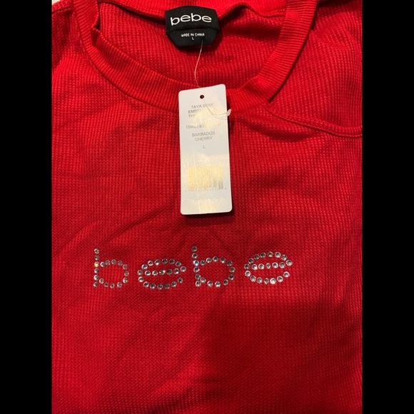 Bebe Logo Thermal Tie Waist Top Cherry Red Size L - Picture 5 of 9